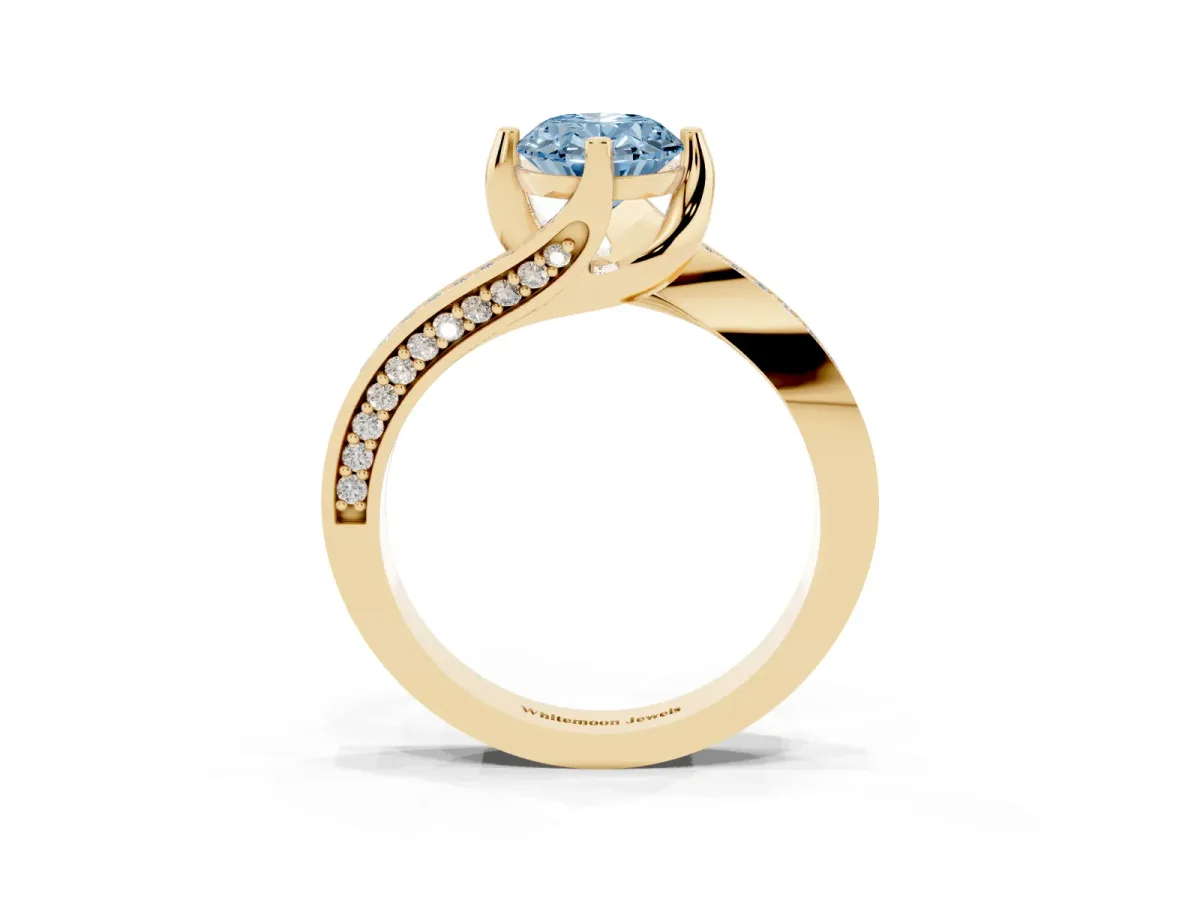 Fancy Blue Oval Cut Solitaire Diamond Twist Band with Pavé Setting and Four-Prong Setting Yellow gold