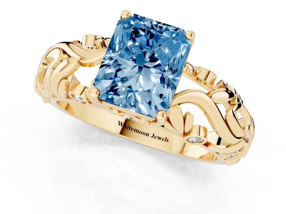 Fancy Blue Radiant Cut Solitaire Diamond Leaf-Inspired Vine Band Ring with Prong Setting Yellow gold