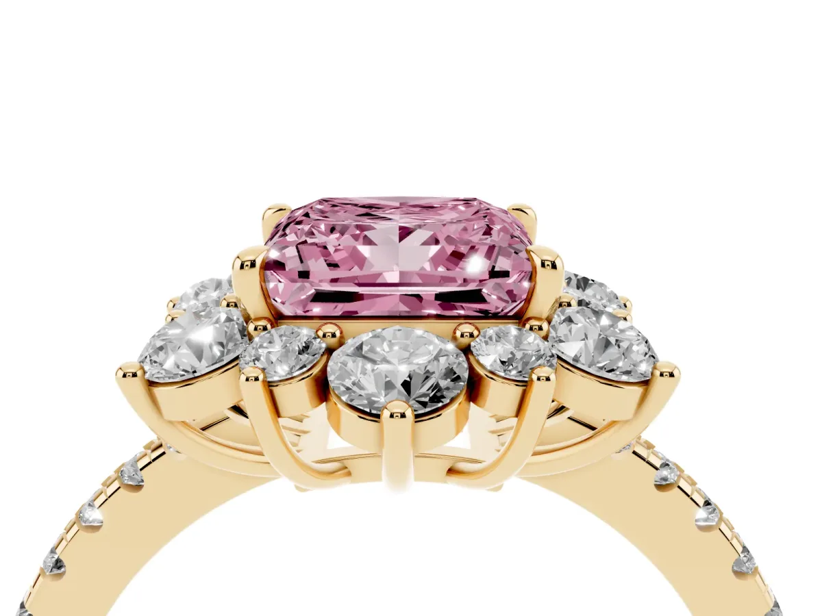 Fancy Pink Princess Cut Diamond Floral Halo Ring with Round Pavé Band and Prong Setting Yellow gold