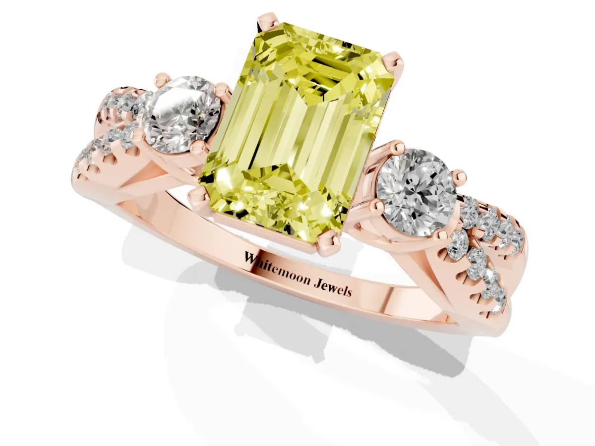Fancy Yellow Emerald Cut Diamond Three-Stone Ring with Pavé Split Shank and Four-Prong Setting Rose gold