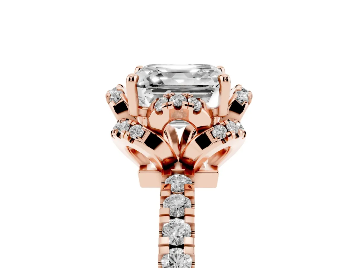 Asscher Cut Halo Diamond Pave Band Ring with Four-Prong Setting Rose gold