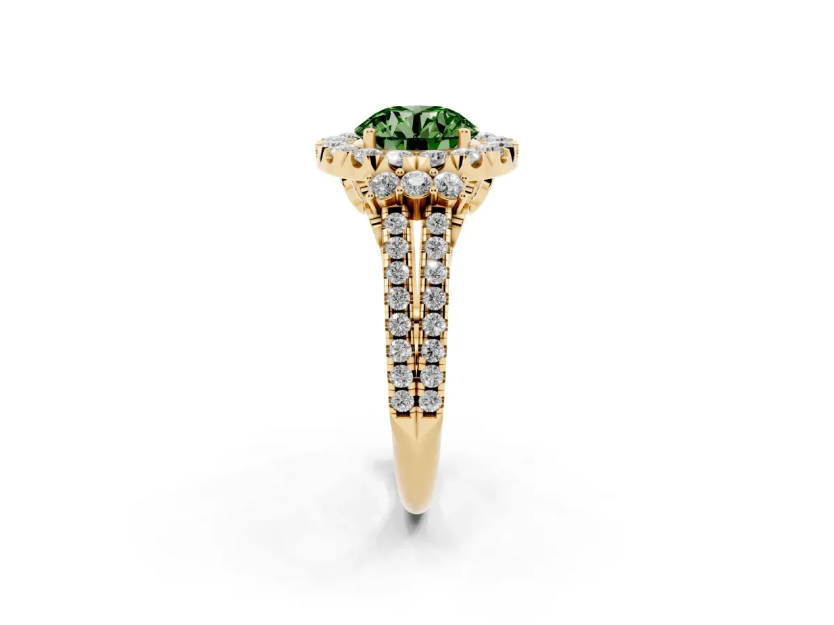 Fancy Green Round Cut Cut Double Halo Diamond Engagement Ring with Pave Band and Four-Prong Setting Yellow gold