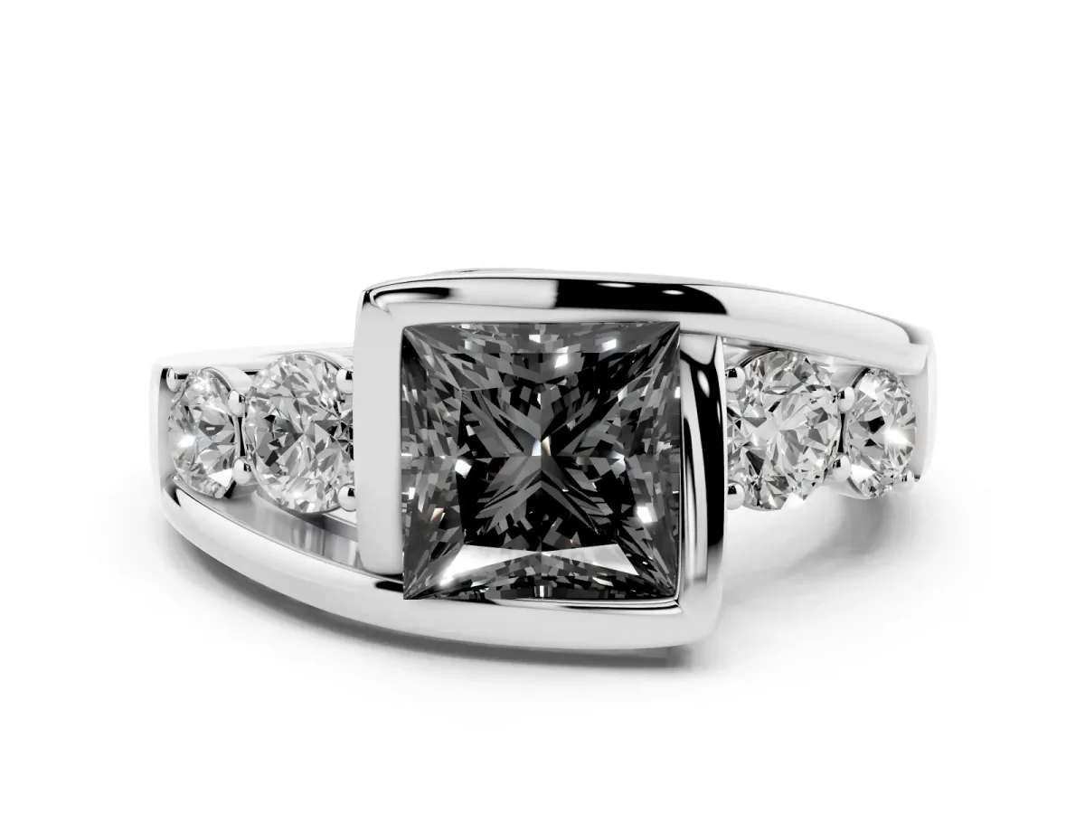 Fancy Black Bezel Set Princess Cut Diamond Bypass Ring with Round Accents Silver