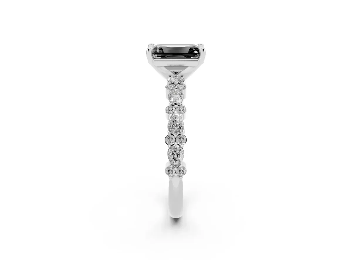 Fancy Black Emerald Cut Diamond Side Stone Solitaire Ring with Round and Four-Prong Setting Silver