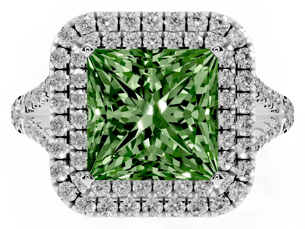 Fancy Green Princess Cut Diamond Double Halo Ring with Split Shank and Prong Setting Silver