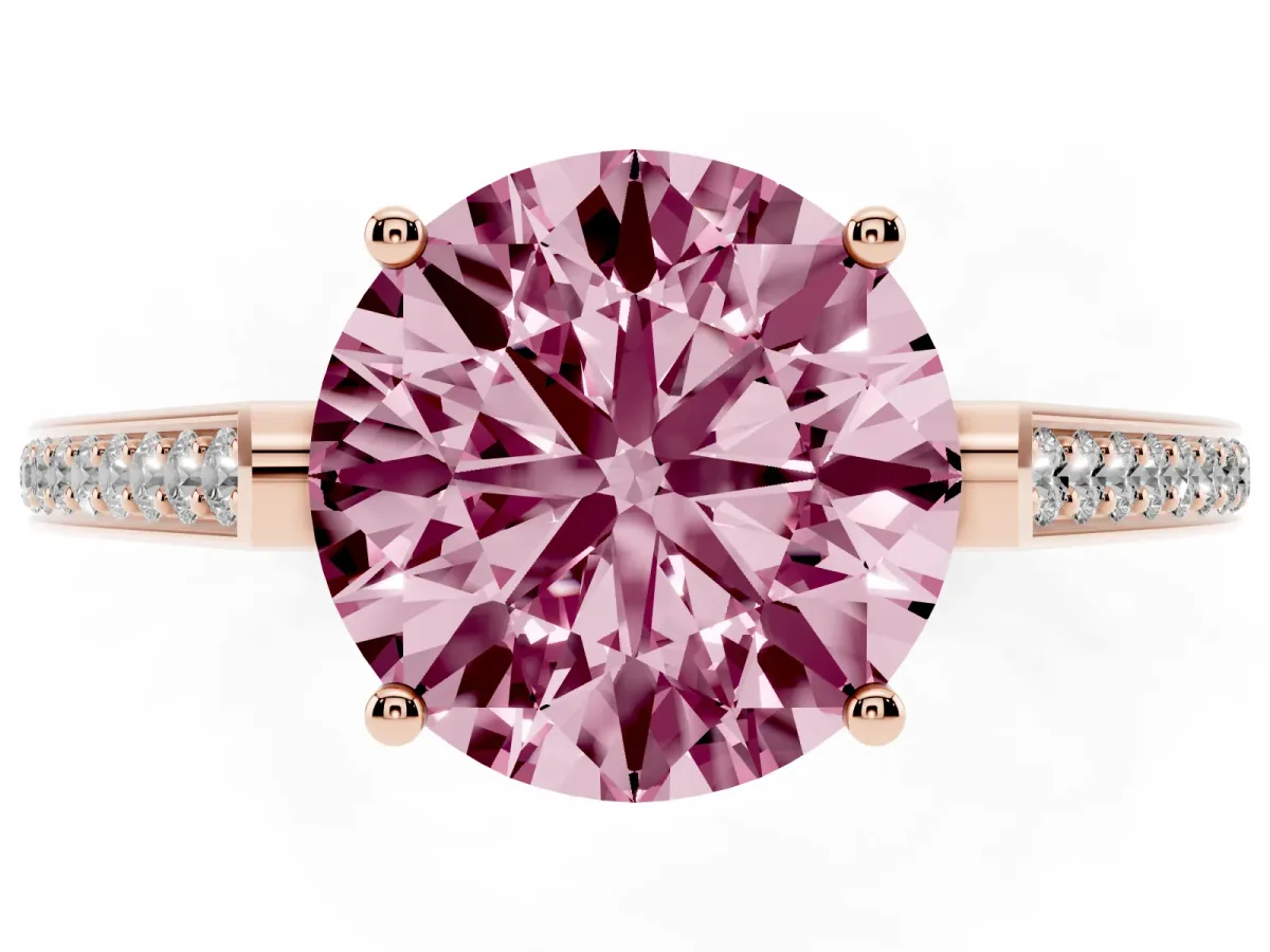 Fancy Pink Round Cut Cut Cathedral Pave Diamond Engagement Ring with Six-Prong Setting Rose gold