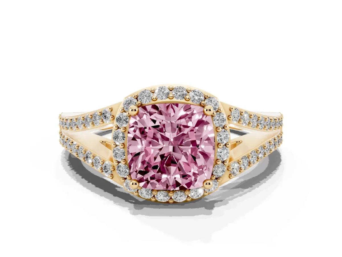 Fancy Pink Cushion Cut Halo Split Shank Diamond Ring with Prong Setting Yellow gold