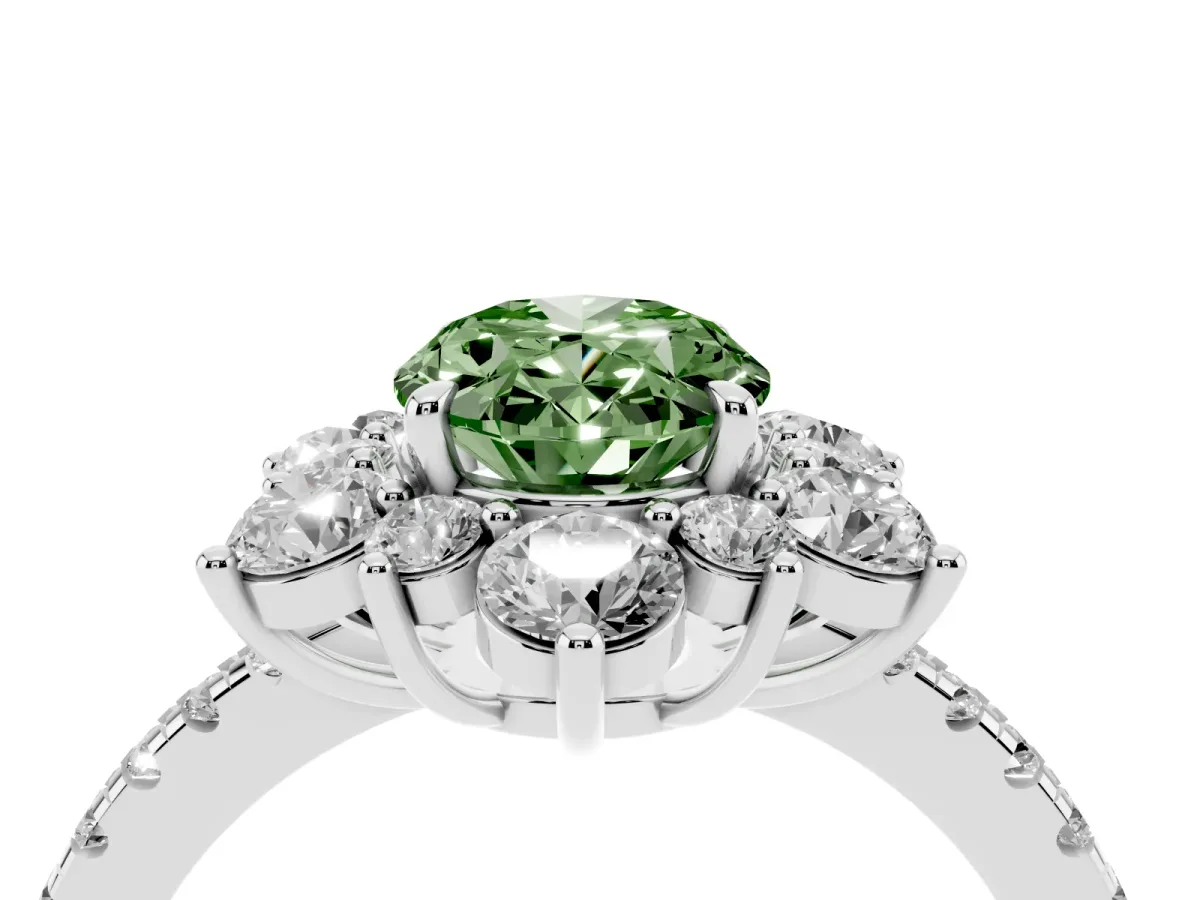 Fancy Green Oval Cut Diamond Floral Halo Ring with Round Pavé Band and Prong Setting White gold