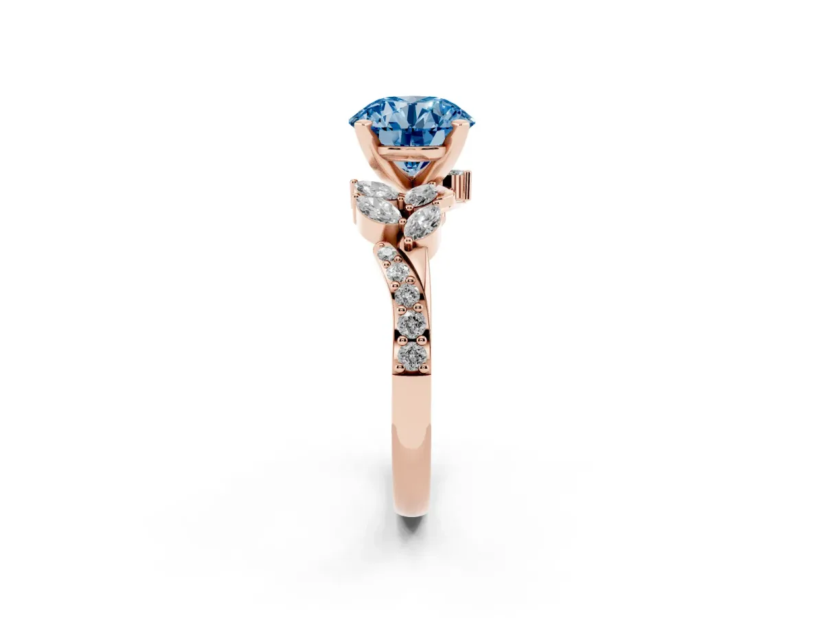 Fancy Blue Round Cut Solitaire Marquise Twist Band with Six-Prong Setting Rose gold