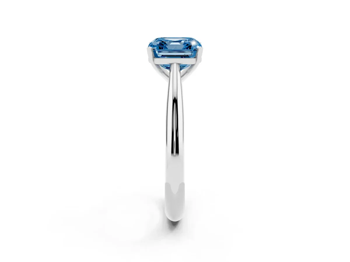 Fancy Blue Asscher Cut Diamond Solitaire Engagement Ring with Cathedral Setting and Four-Prong Mount Silver