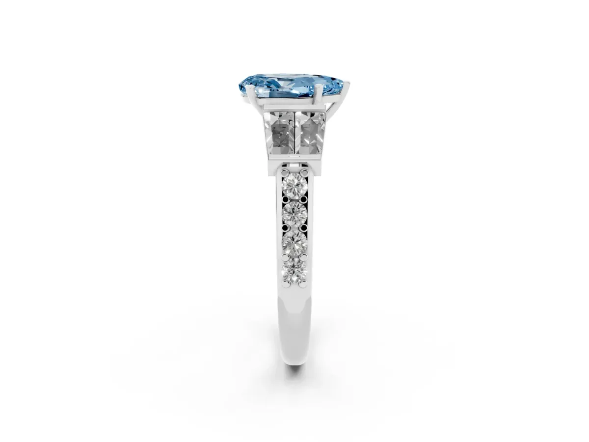 Fancy Blue Pear Cut Diamond Engagement Ring with Baguette Side Stones and Channel Set Band Platinum