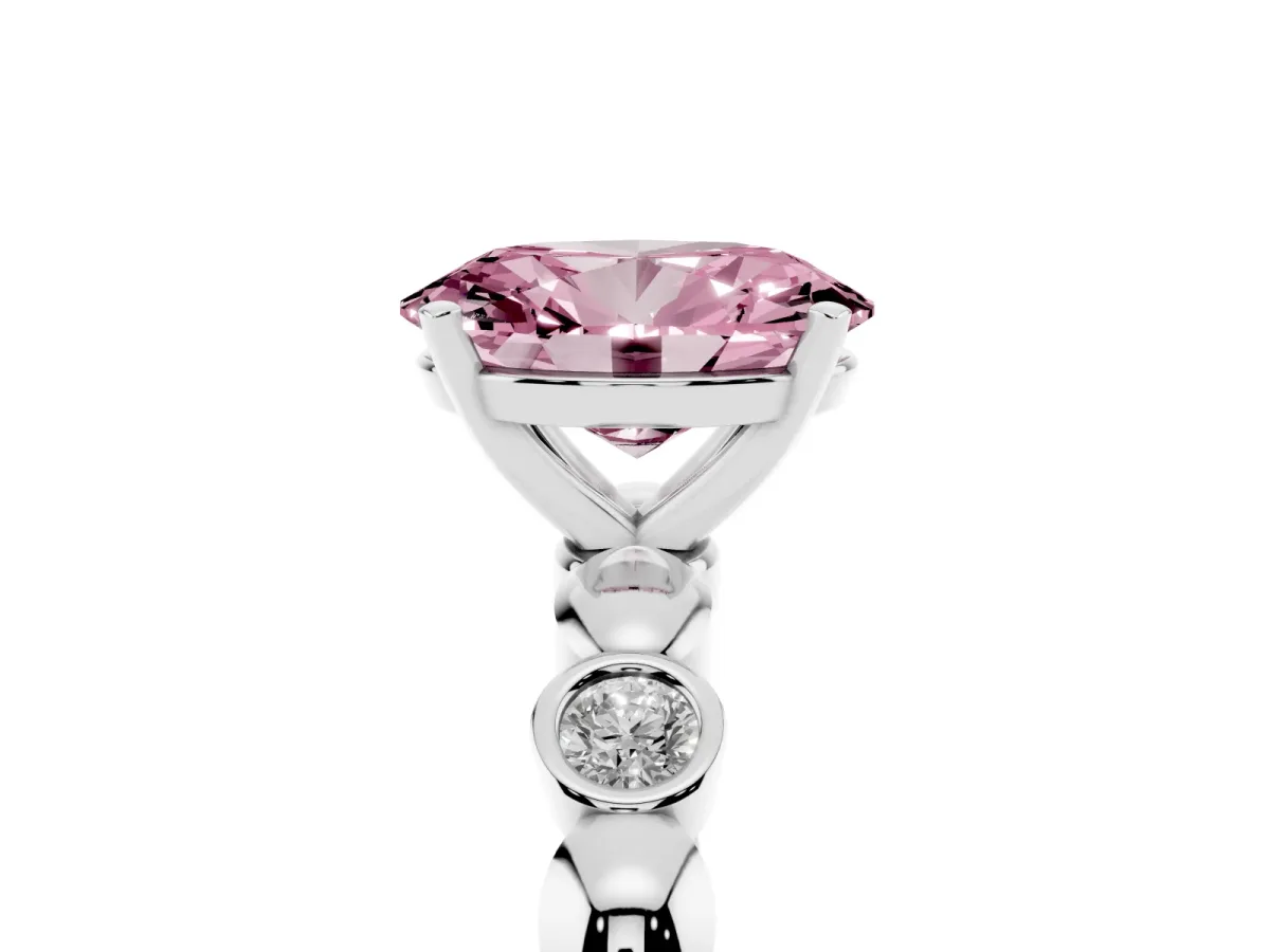 Fancy Pink Oval Cut Solitaire Bezel-Set Diamond Ring with Beaded Band and Four-Prong Setting Silver
