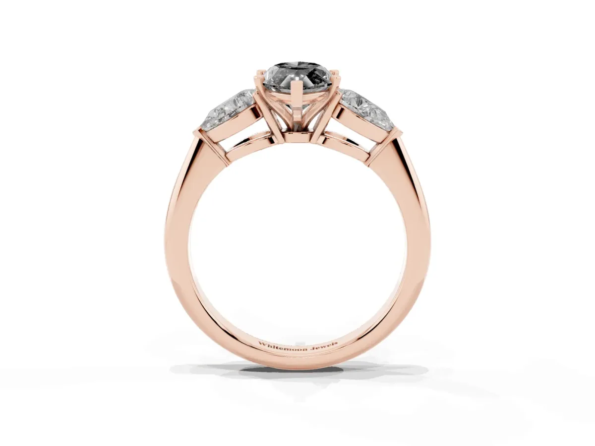 Fancy Black Three-Stone Marquise Cut Diamond Ring with Pear Side Stones and Four-Prong Setting Rose gold