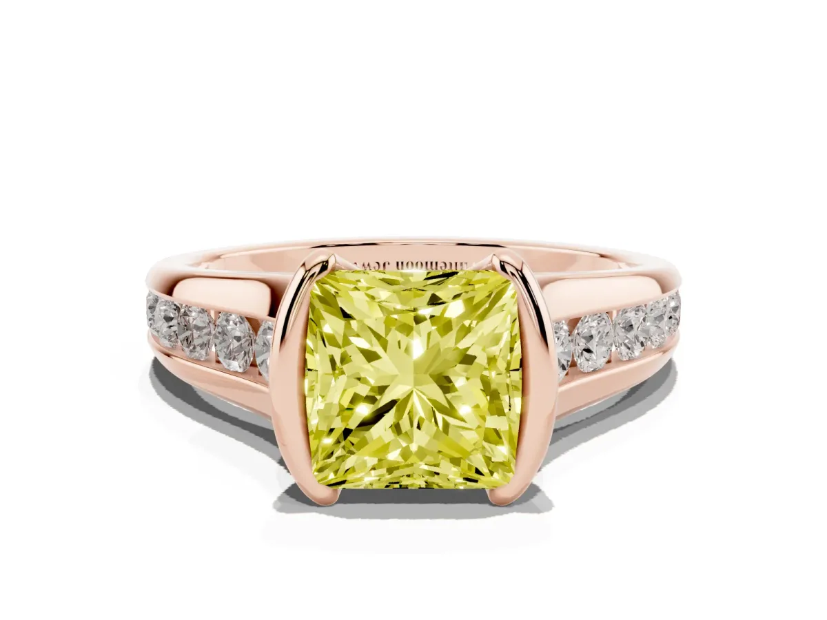 Fancy Yellow Princess Cut Solitaire Bezel-Set Diamond Ring with Channel-Set Band Rose gold