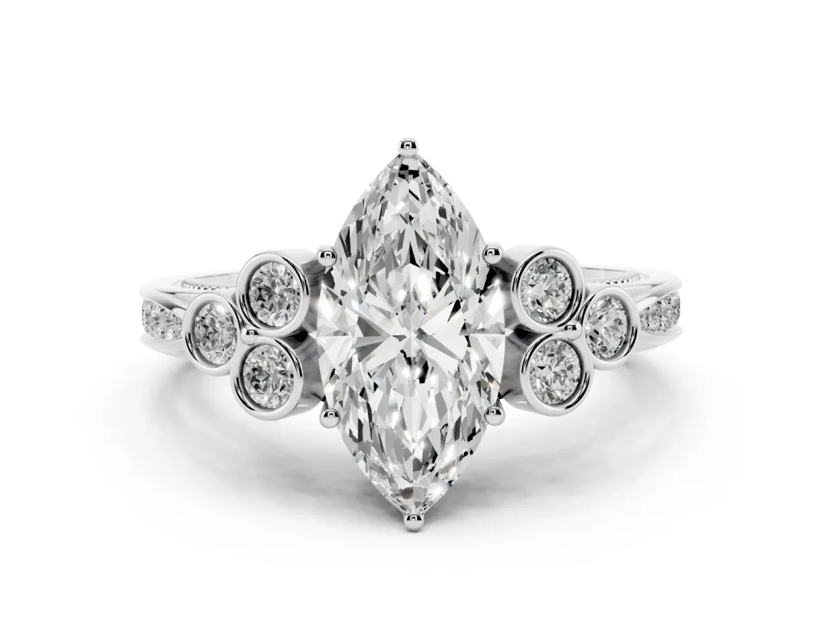Marquise Cut Cut Diamond Engagement Ring with Bezel Set Round Side Stones and Prong Setting Silver