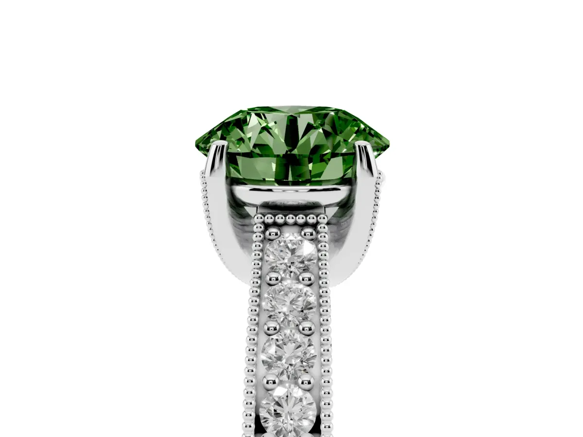 Fancy Green Round Cut Cut Diamond Solitaire Ring with Milgrain Pave Band and Four Prong Setting White gold