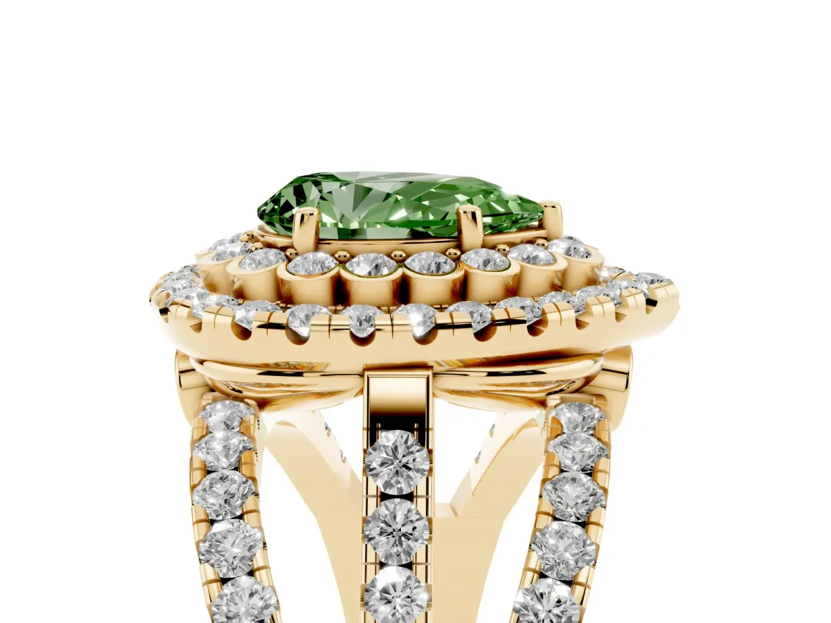 Fancy Green Pear Cut Diamond Double Halo Ring with Round Pavé Split Shank and Prong Setting Yellow gold