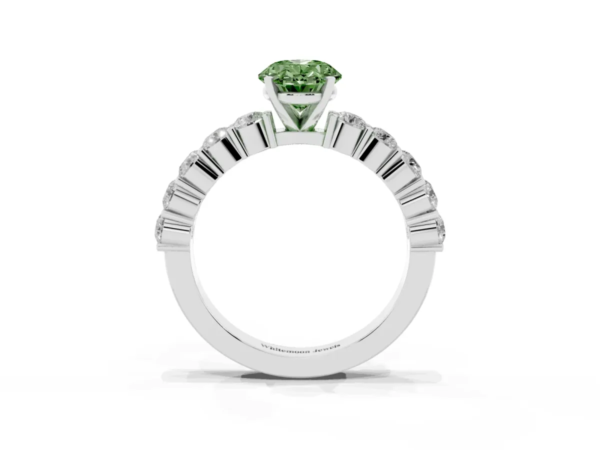 Fancy Green Oval Cut Diamond Solitaire Ring with Shared Prong Round Side Stones Silver