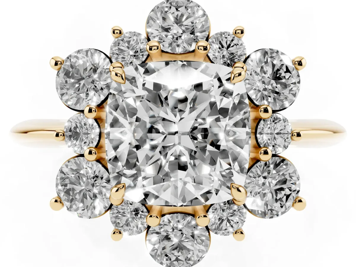 Cushion Cut Diamond Cluster Halo Ring with Solitaire Band and Four-Prong Setting Yellow gold