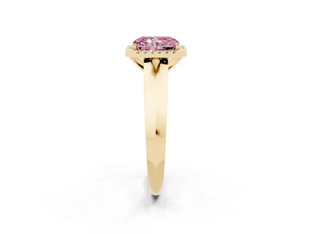 Fancy Pink Radiant Cut Halo Diamond Ring with Cathedral Band and Four-Prong Setting Yellow gold