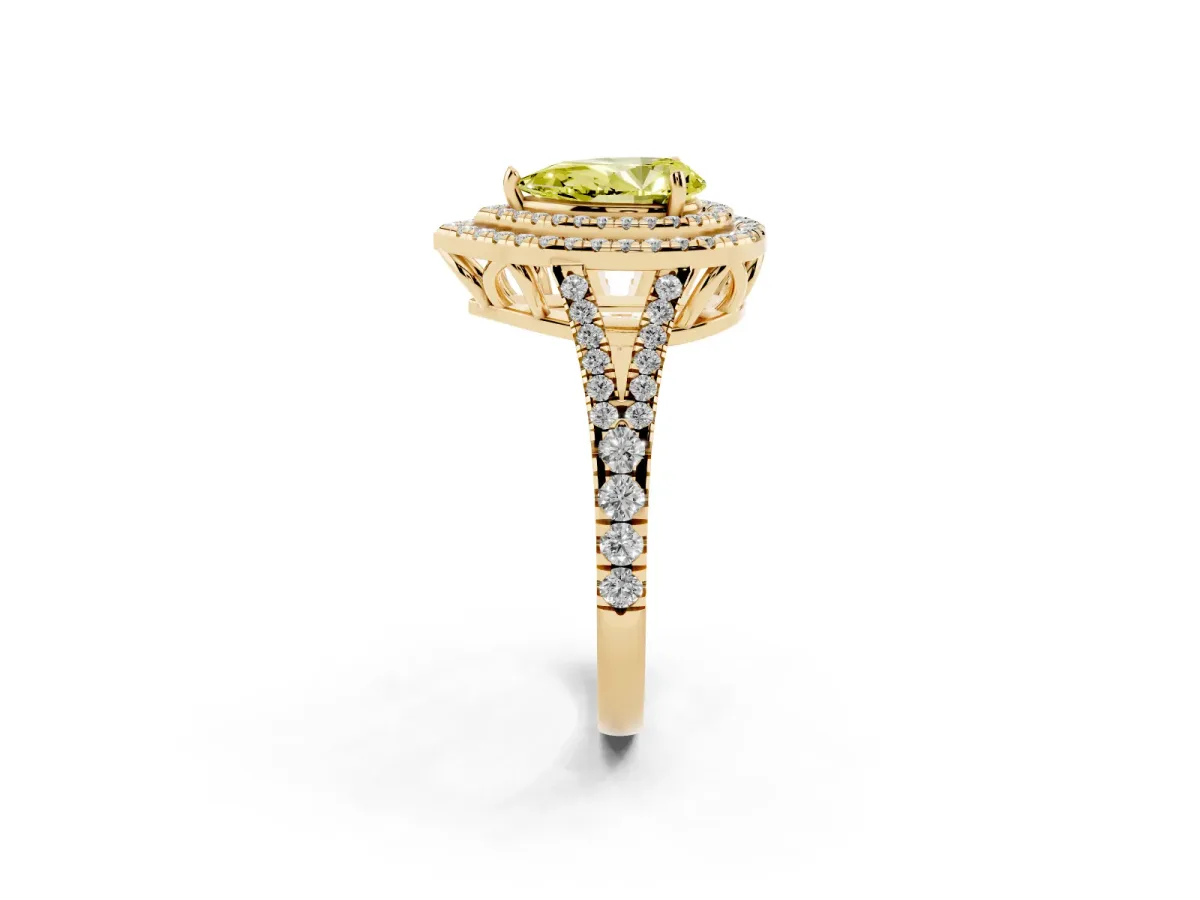 Fancy Yellow Pear Cut Diamond Double Halo Ring with Pavé Band and Prong Setting Yellow gold