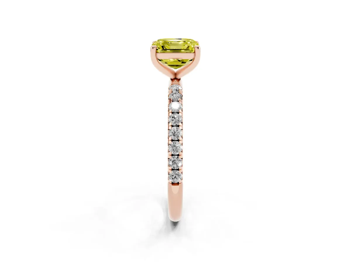 Fancy Yellow Asscher Cut Cut Diamond Solitaire Ring with Micro Pave Band and Four Prong Setting Rose gold