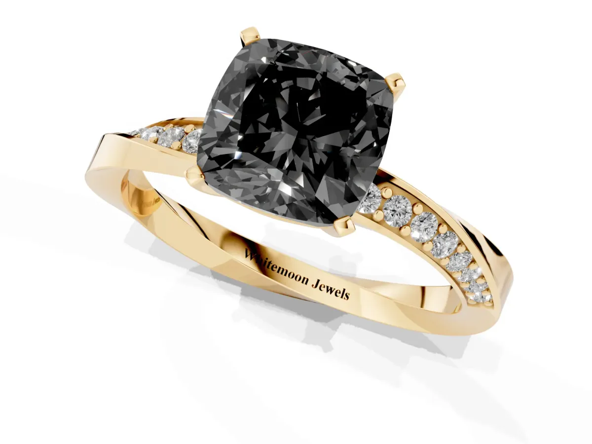 Fancy Black Cushion Cut Diamond Engagement Ring with Side Stone Accents and Four-Prong Setting Yellow gold