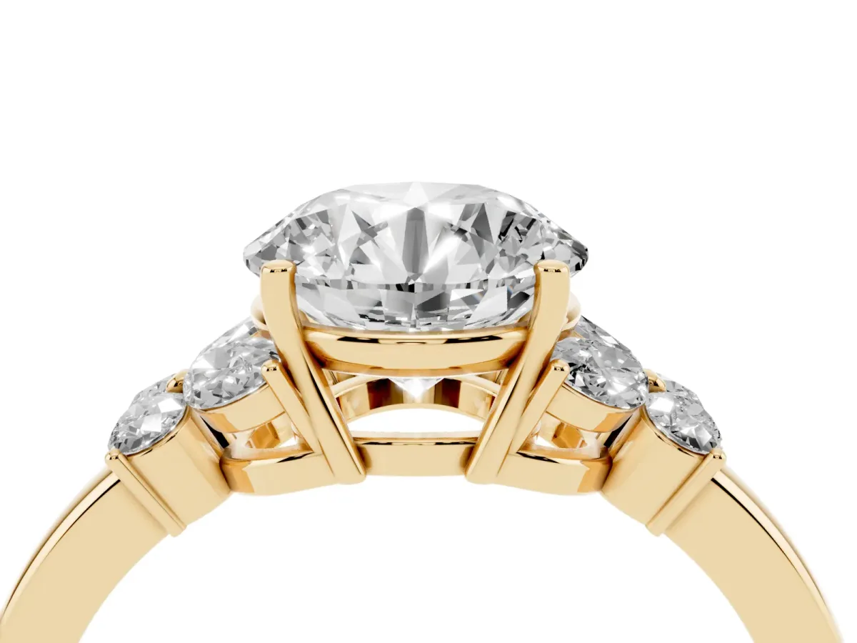 Round Cut Cut Solitaire Floral Diamond Ring with Four-Prong Setting Yellow gold