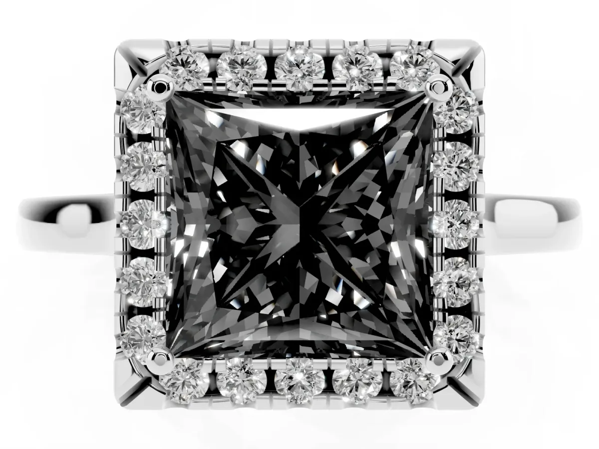 Fancy Black Princess Cut Halo Round Diamond Solitaire Ring with Pavé Band and Four-Prong Setting White gold