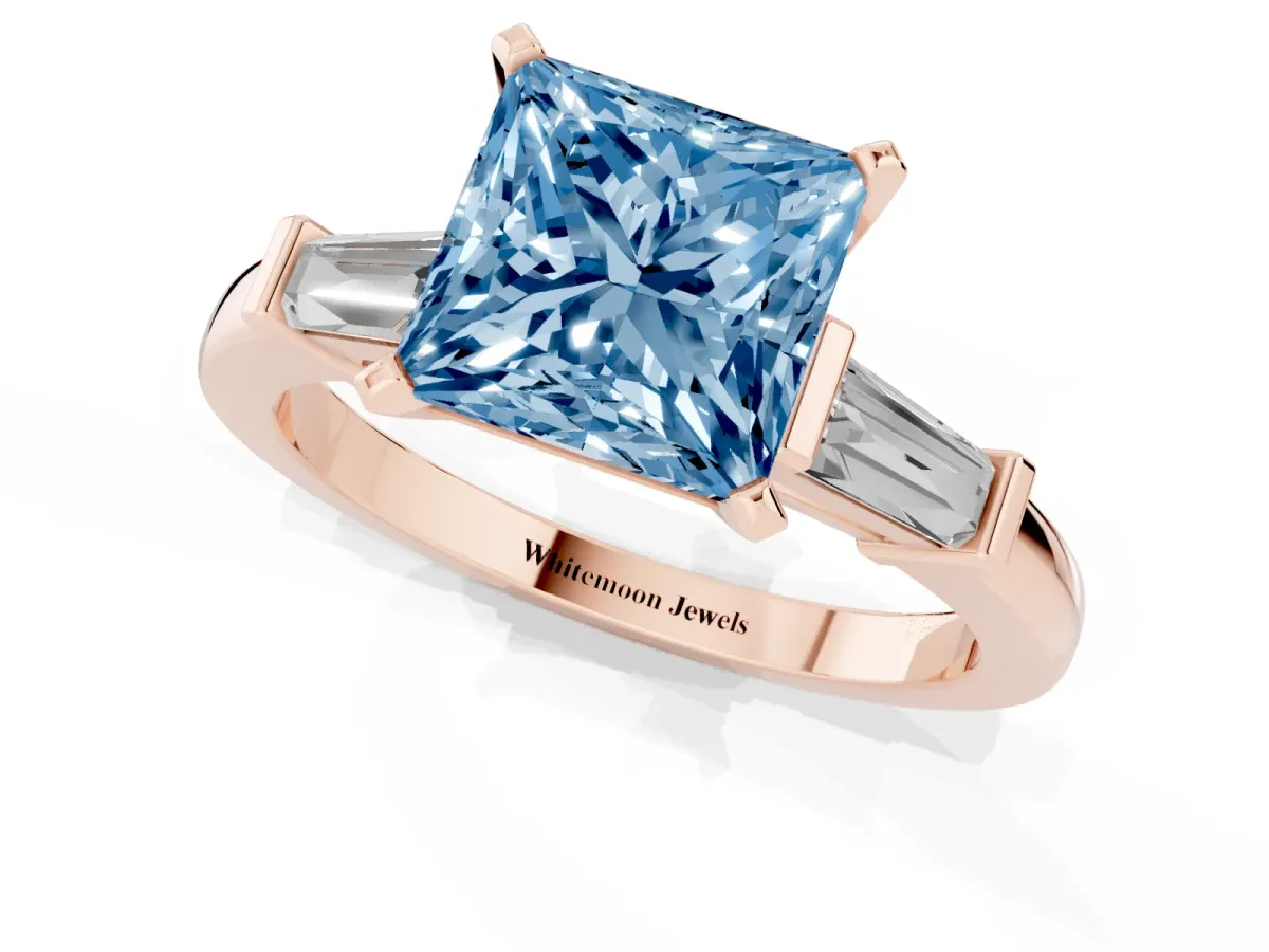 Fancy Blue Princess Cut Cut Diamond Solitaire Ring with Tapered Baguette Accents and Four-Prong Setting Rose gold