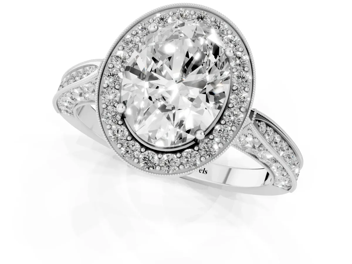 Oval Cut Halo Diamond Engagement Ring with Split Shank Band and Four-Prong Setting Silver
