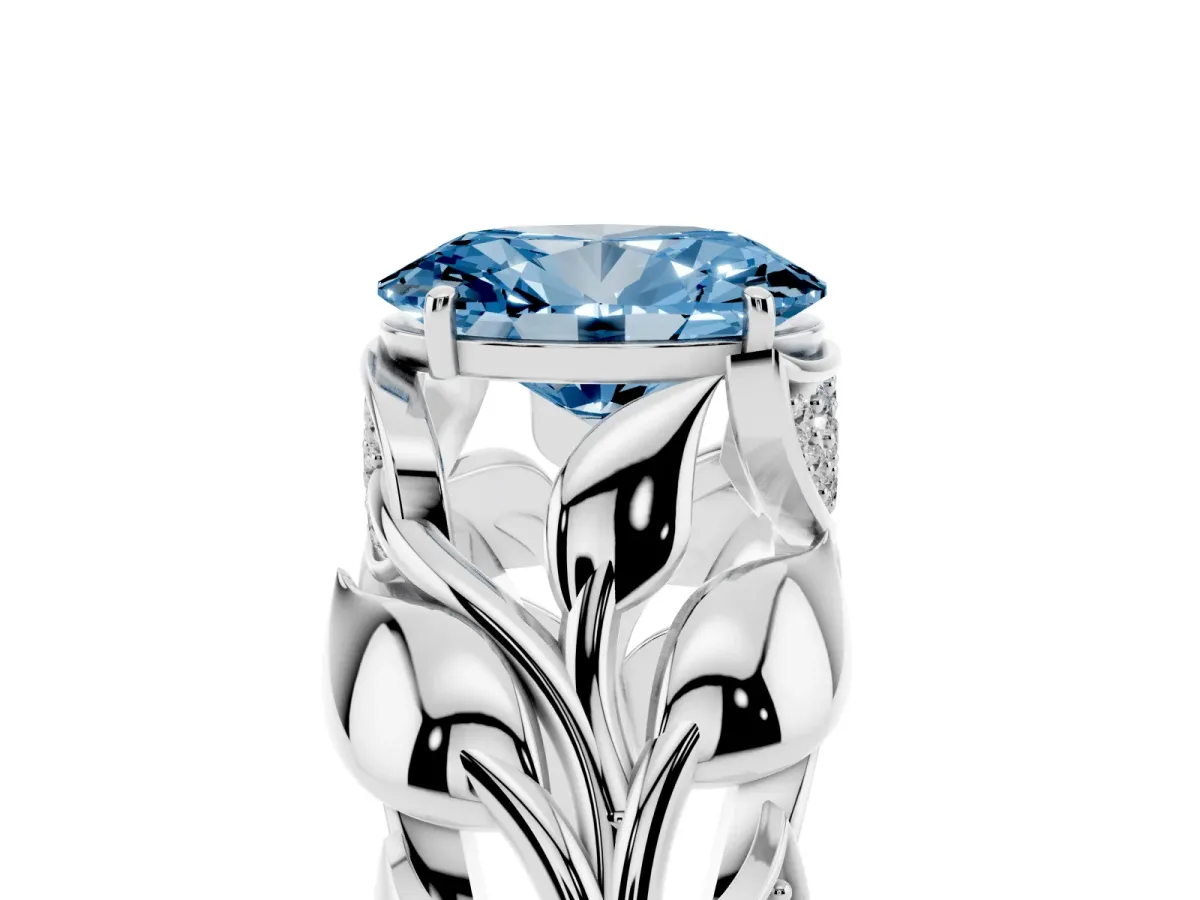 Fancy Blue Oval Cut Diamond Leaf-Inspired Engagement Ring with Round Accents and Prong Setting Silver