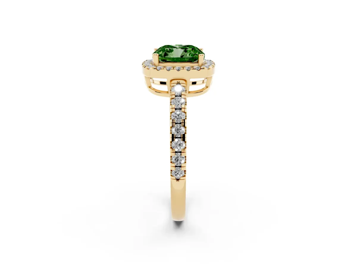 Fancy Green Cushion Cut Diamond Halo Ring with Pavé Band and Four-Prong Setting Yellow gold