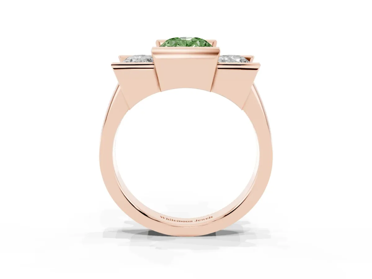 Fancy Green Three Stone Oval Cut Cut Channel Set Diamond Ring Rose gold