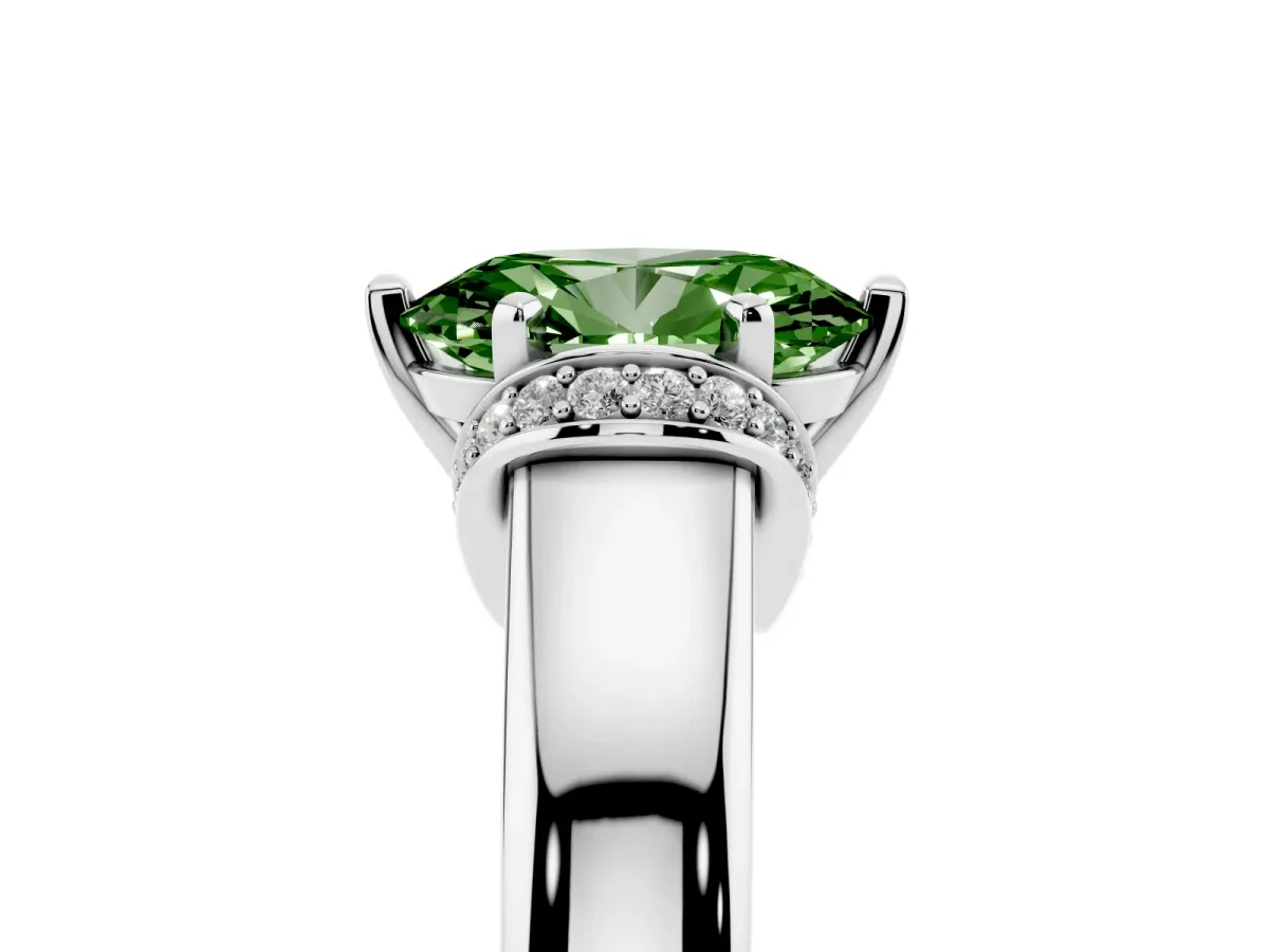 Fancy Green Oval Cut Solitaire Diamond Ring with Pave Band and Six-Prong Setting Silver
