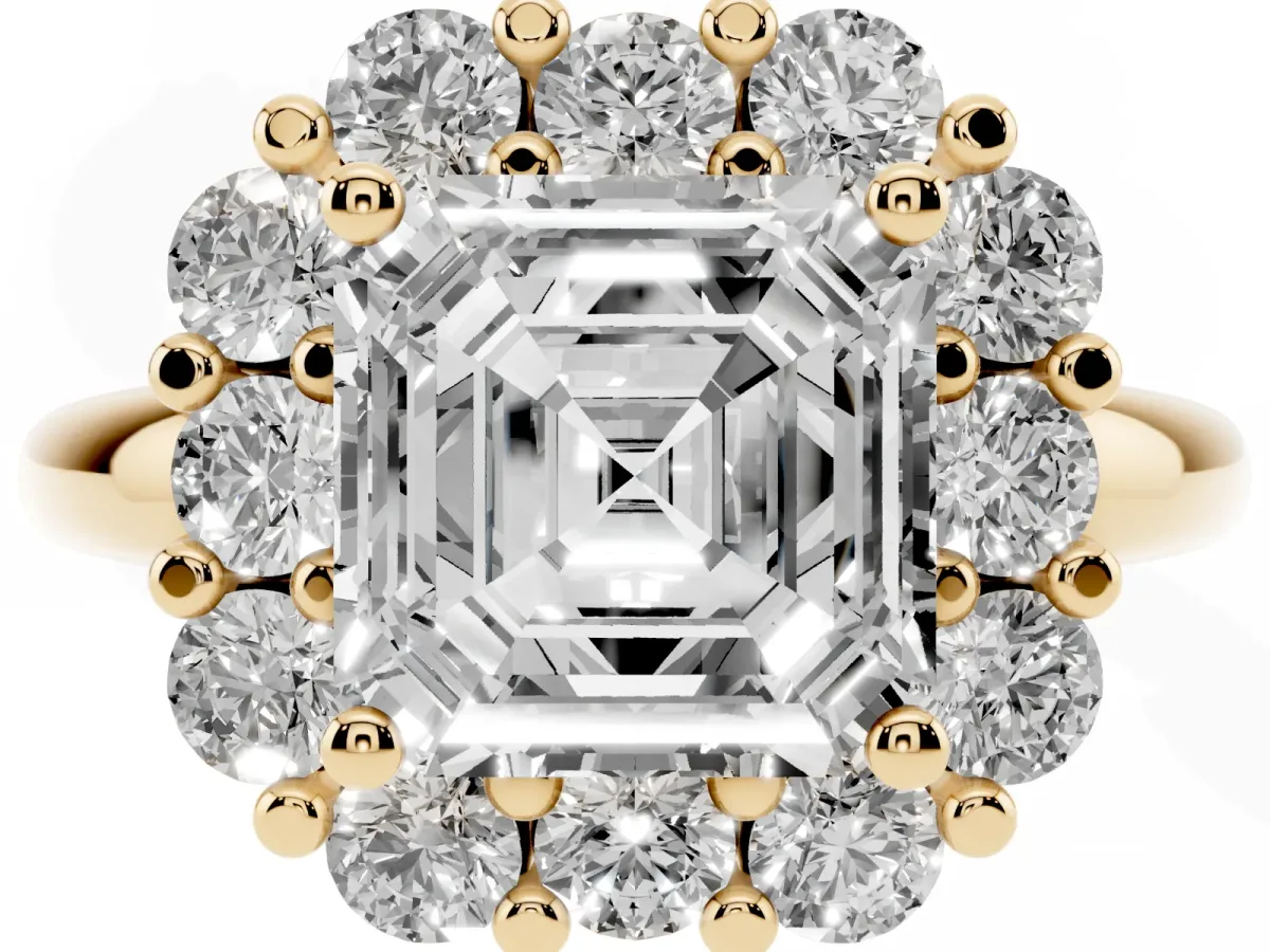 Asscher Cut Halo Cluster Diamond Engagement Ring with Prong Setting and Polished Band Yellow gold