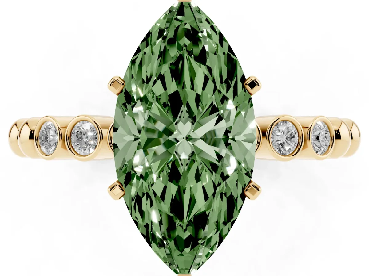 Fancy Green Marquise Cut Solitaire Bezel Accent Diamond Engagement Ring with Beaded Band and Four-Prong Setting Yellow gold