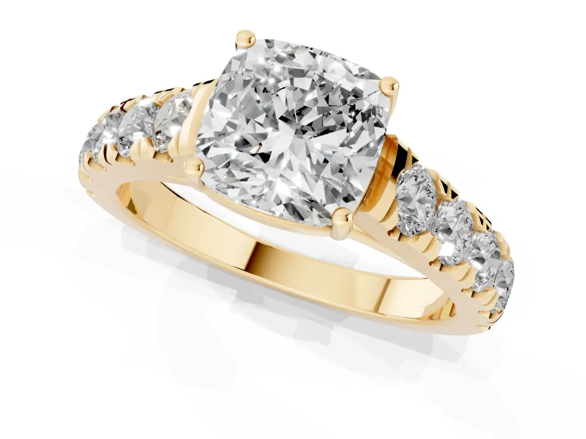 Cushion Cut Cut Diamond Solitaire Ring with Micro Pave Band and Prong Setting Yellow gold