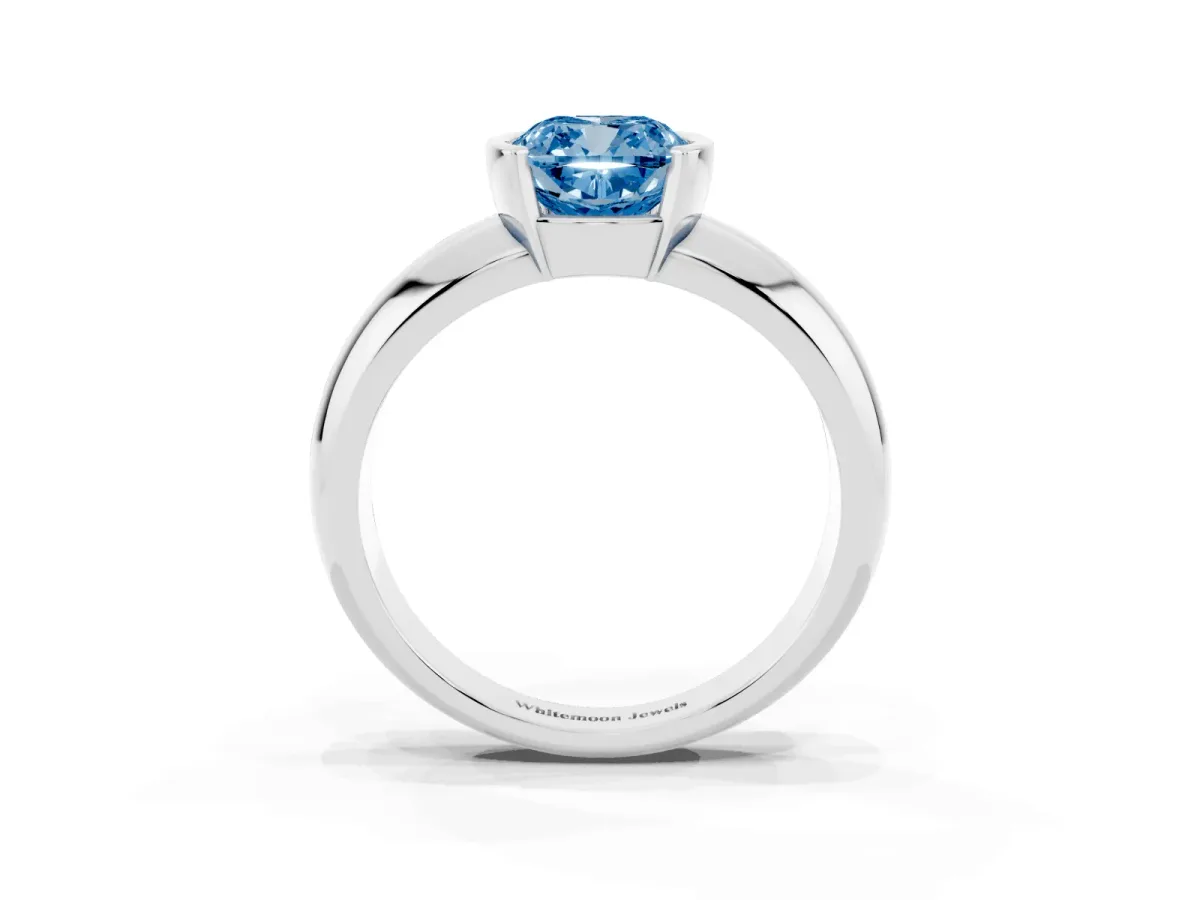 Fancy Blue Cushion Cut Solitaire Tension Set Diamond Ring with Wide Band Silver