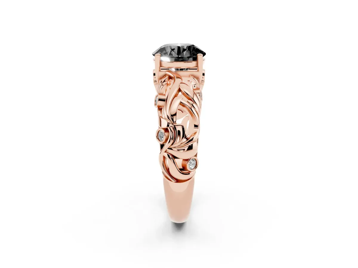 Fancy Black Round Cut Solitaire Diamond Leaf-Inspired Vine Band Ring with Prong Setting Rose gold