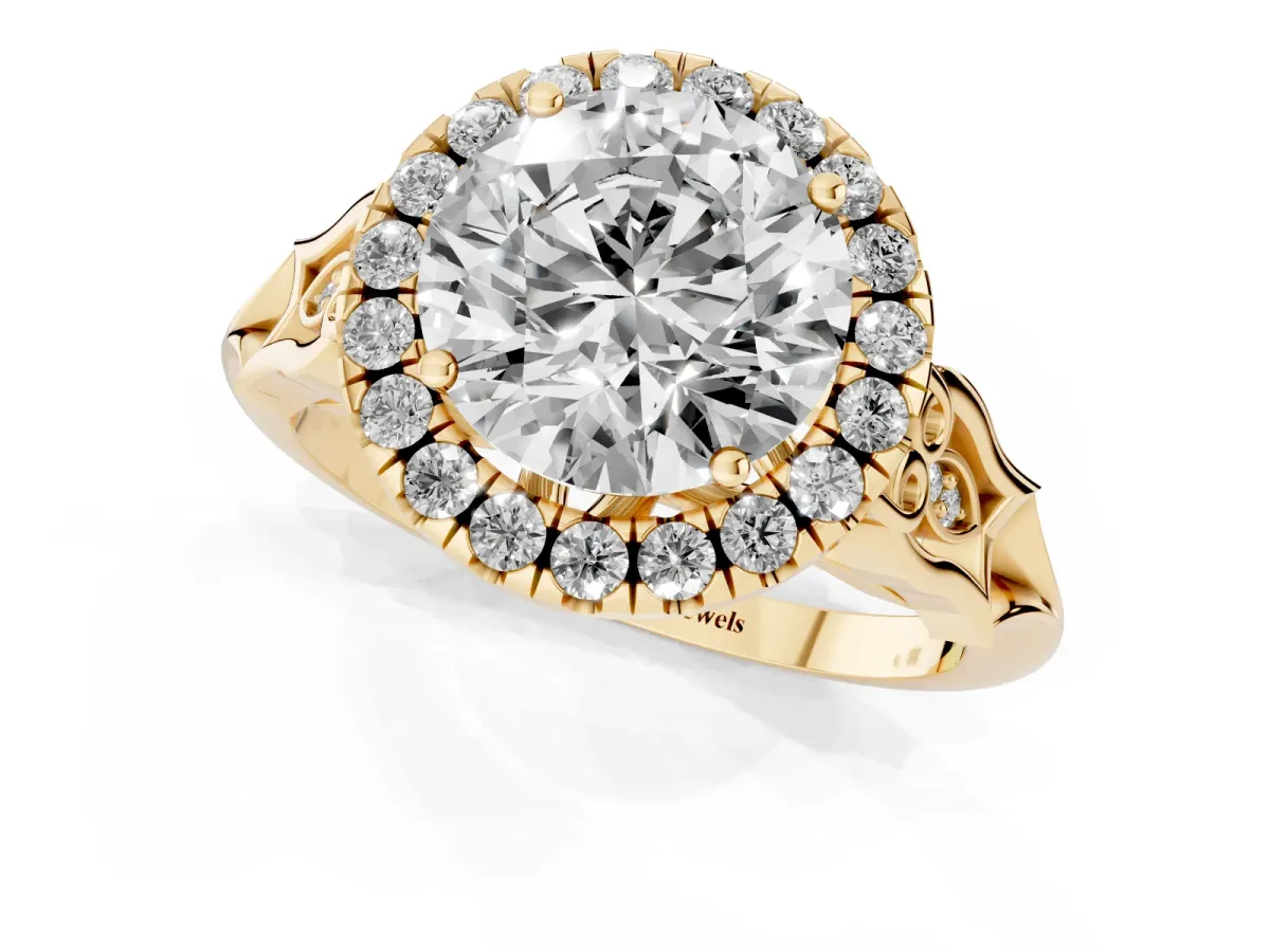 Round Cut Halo Diamond Engagement Ring with Filigree Band and Four-Prong Setting Yellow gold