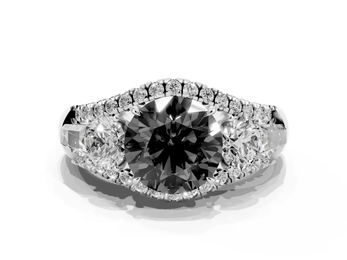 Fancy Black Three-Stone Round Cut Diamond Engagement Ring with Pave Band and Prong Setting Silver