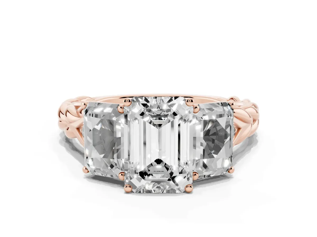 Three-Stone Radiant Cut Diamond Braided Band Ring with Four-Prong Setting Rose gold
