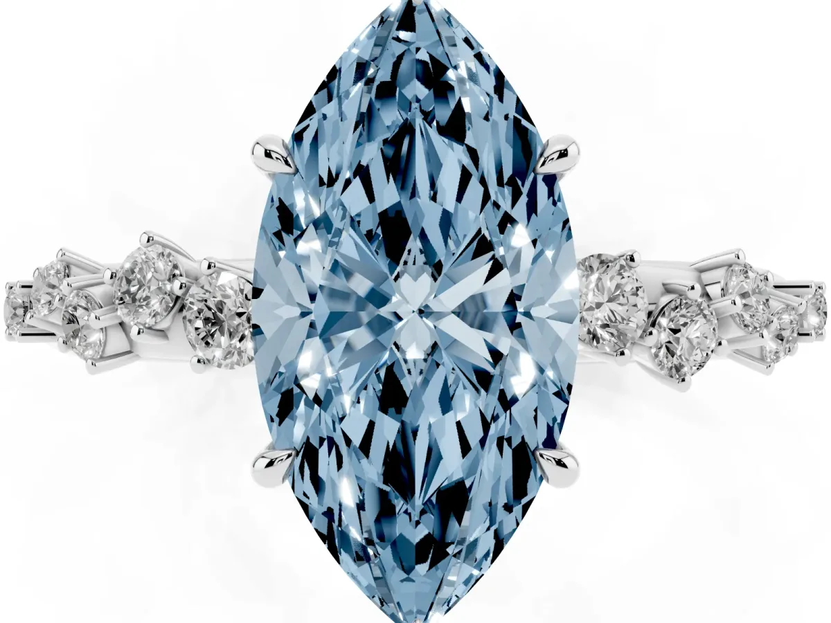Fancy Blue Marquise Cut Diamond Cluster Side Stone Solitaire Ring with Prong Setting White gold