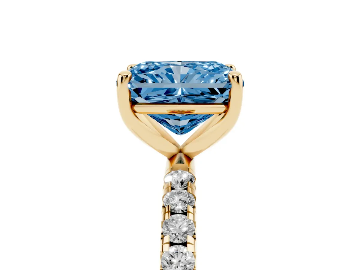 Fancy Blue Radiant Cut Cut Diamond Solitaire Ring with Micro Pave Band and Four Prong Setting Yellow gold