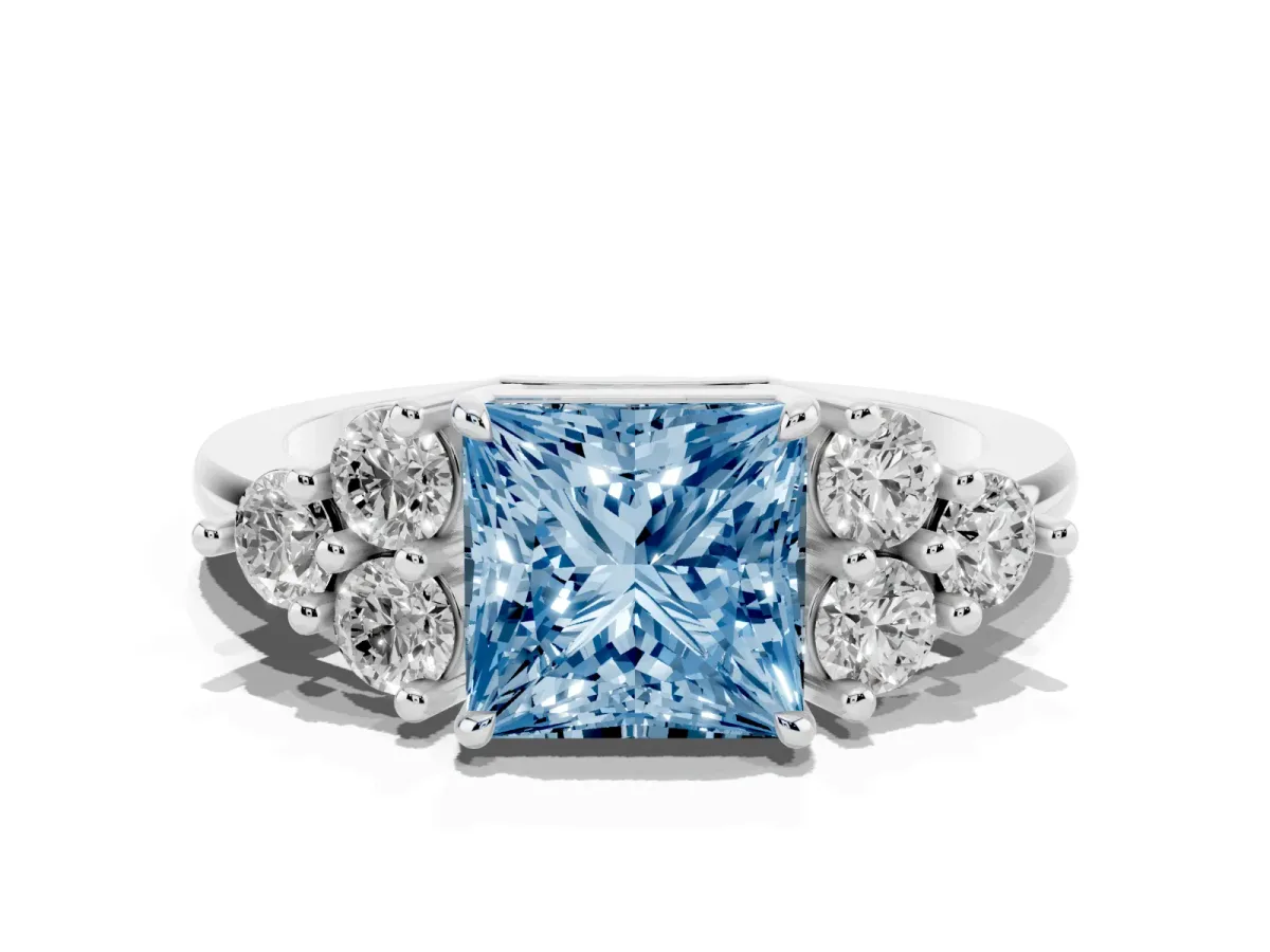Fancy Blue Princess Cut Brilliant Diamond Cluster Accent Solitaire Ring with Prong Setting Platinum