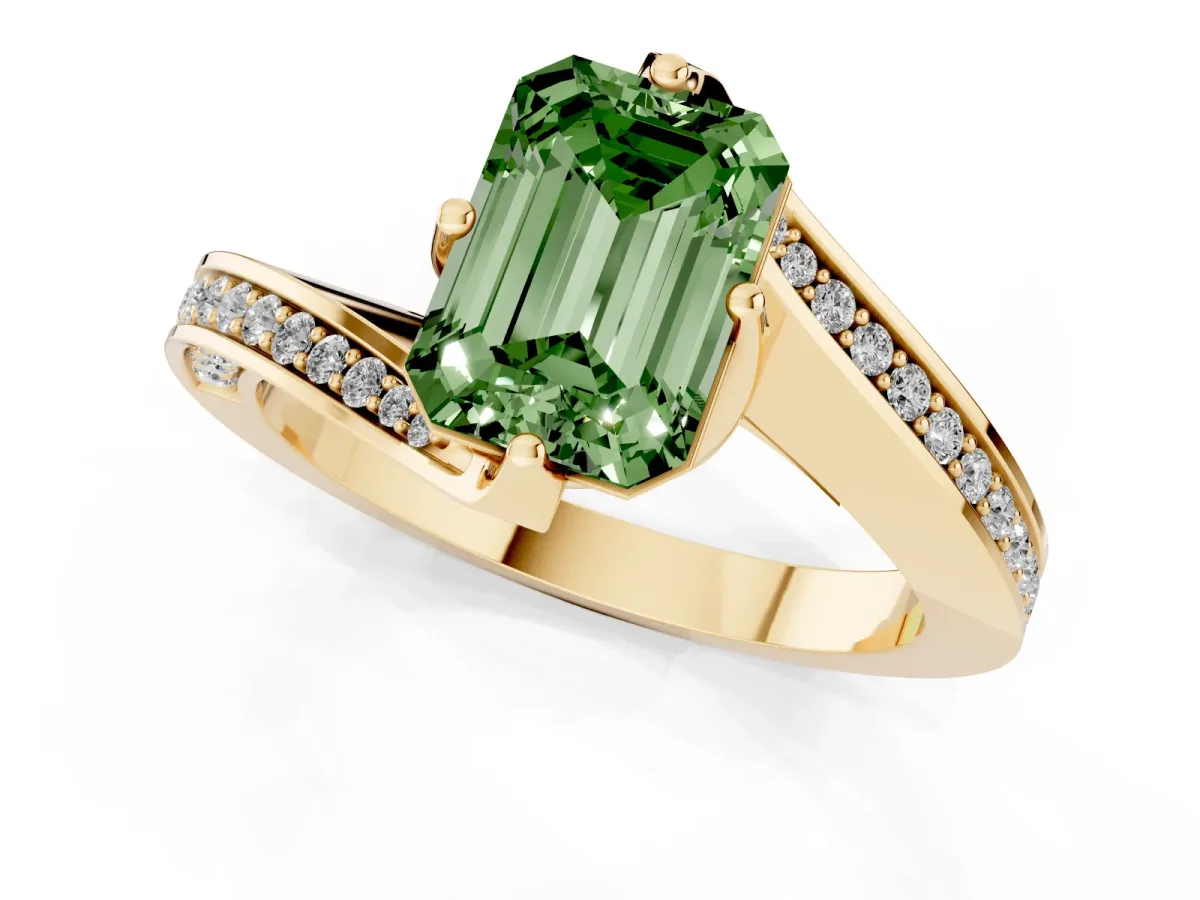 Fancy Green Emerald Cut Solitaire Diamond Twist Band with Pavé Setting and Four-Prong Setting Yellow gold