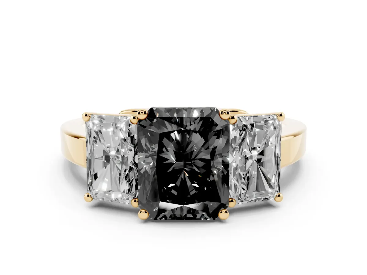 Fancy Black Three-Stone Radiant Cut Cut Diamond Engagement Ring with Flat Band and Four-Prong Setting Yellow gold