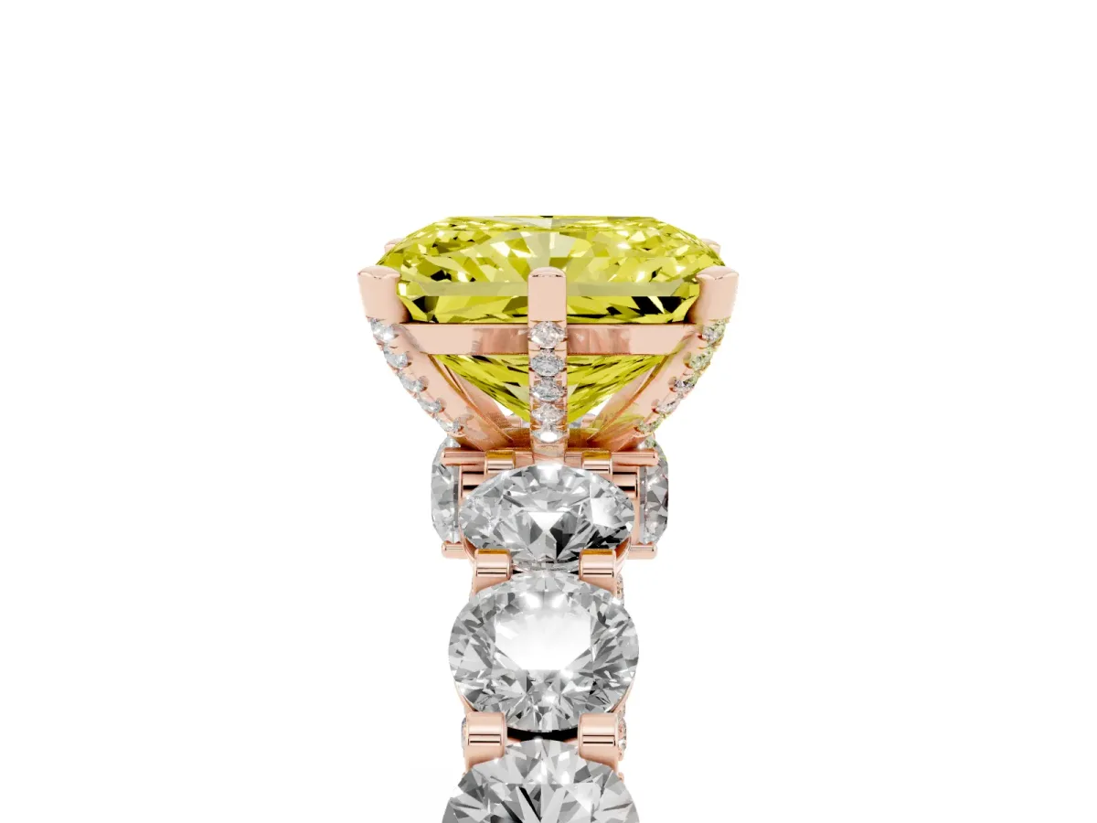 Fancy Yellow Radiant Cut Diamond Side Stone Engagement Ring with Four-Prong Setting Rose gold