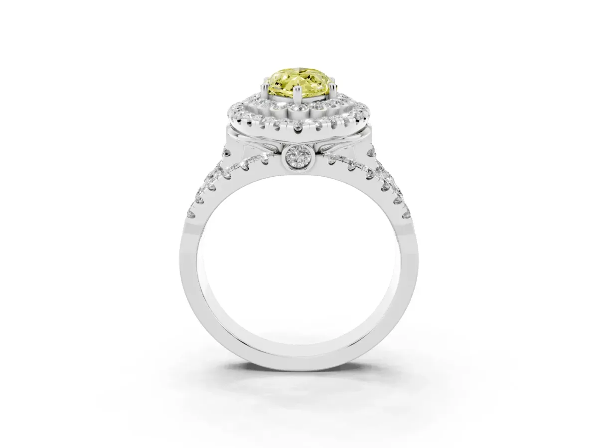 Fancy Yellow Marquise Cut Diamond Double Halo Ring with Round Pavé Split Shank and Prong Setting Silver
